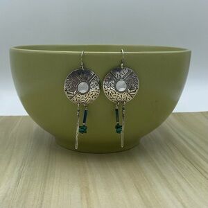 Katrin Wolfe Sterling Silver Earrings Round Green Stone 3 Inch Long Dangle Gift